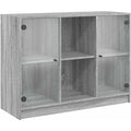 Das Sideboard misst 102 x 37 x 75.5 cm in Eichenbraun und Grau
