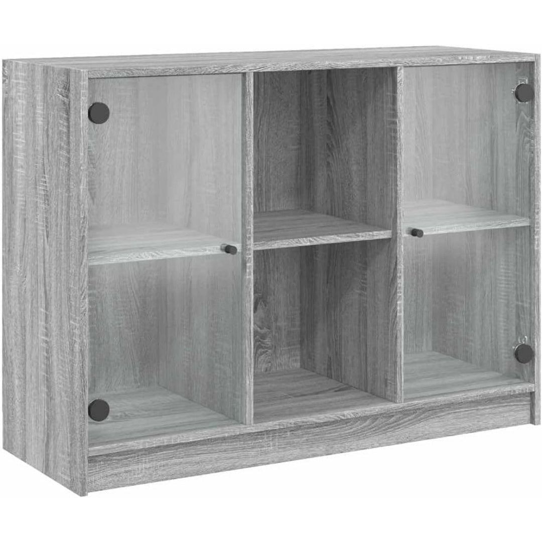 Das Sideboard misst 102 x 37 x 75.5 cm in Eichenbraun und Grau