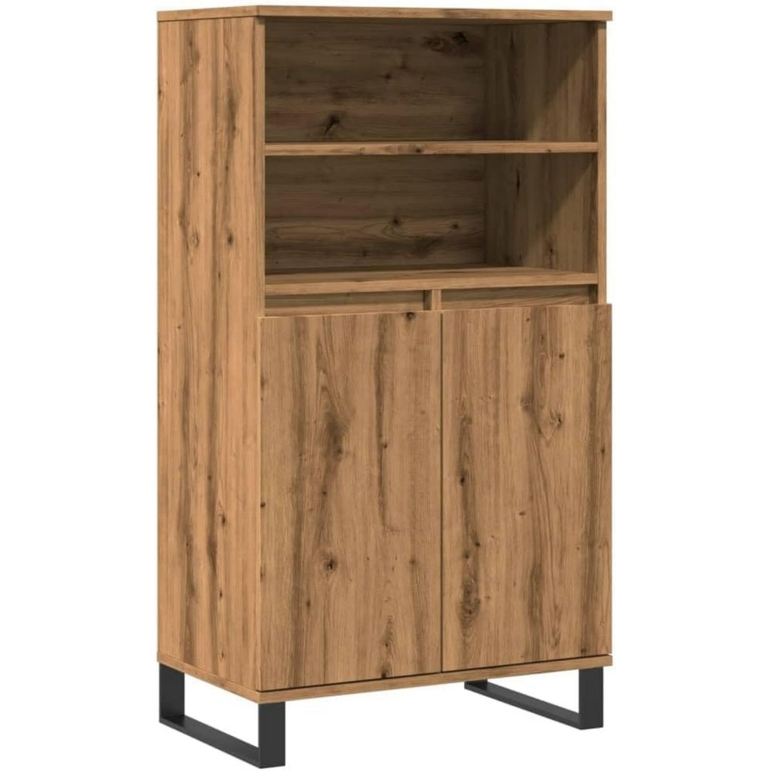 Ein Metallgestell trifft auf geschlossenen Stauraum an dem Sideboard