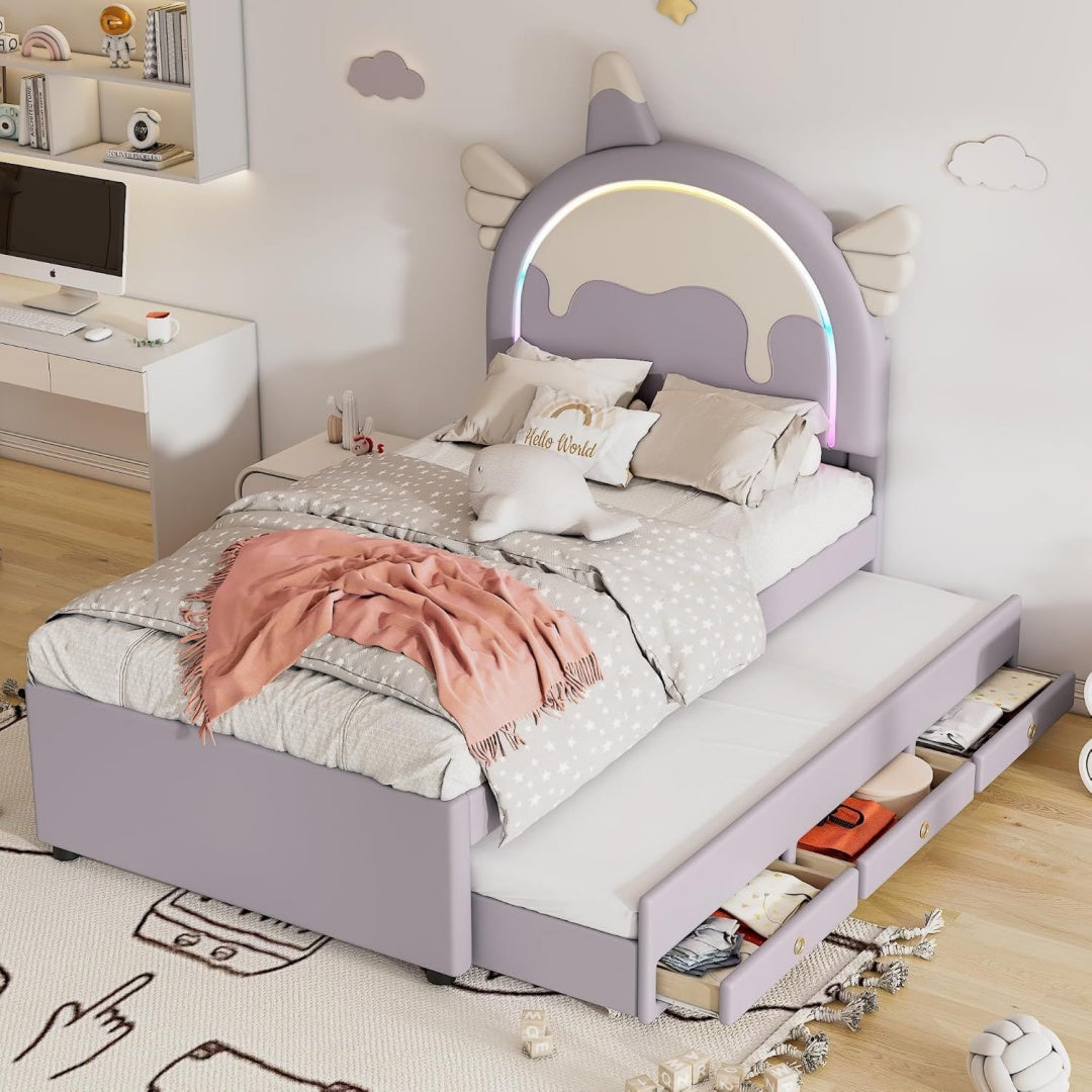 Bettgestell in Violett mit Schubladen