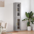 Der Hochschrank misst 34.5 x 34 x 180 cm in Eichenbraun und Grau