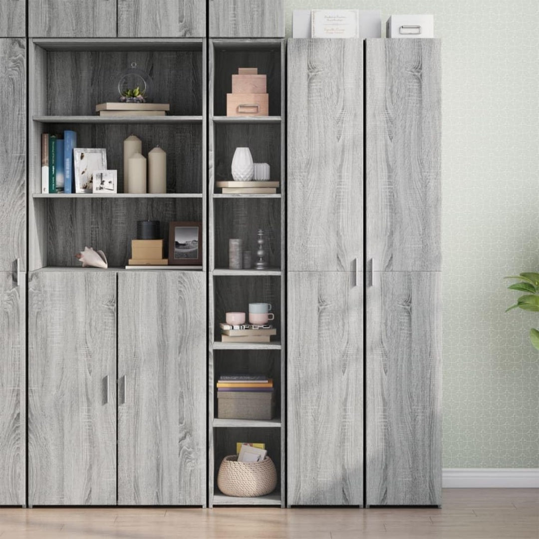 Hochschrank aus Holzwerkstoff in Eichenbraun und Grau